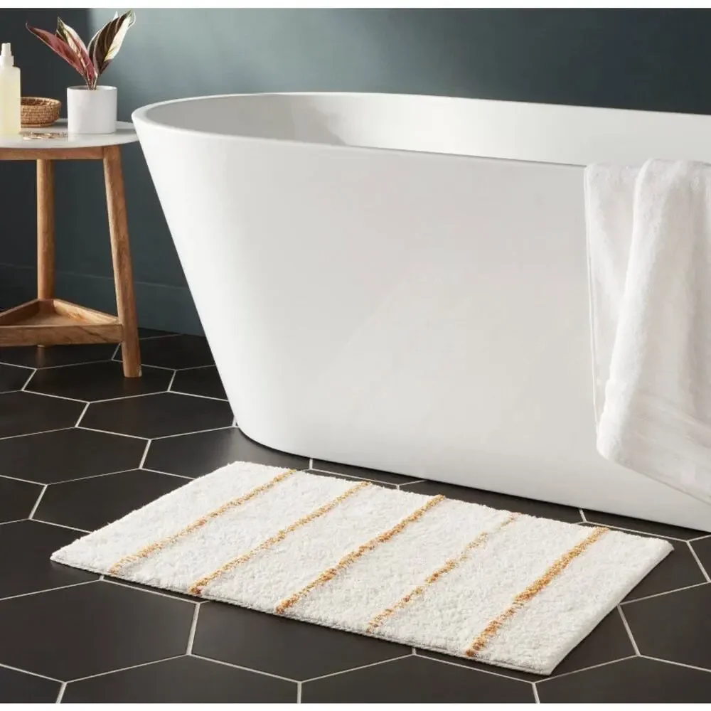 Threshold Bath Rug Modern Tufted Cream/Yellow Stripe 100% Cotton 20”x 30” NEW - Picture 3 of 11